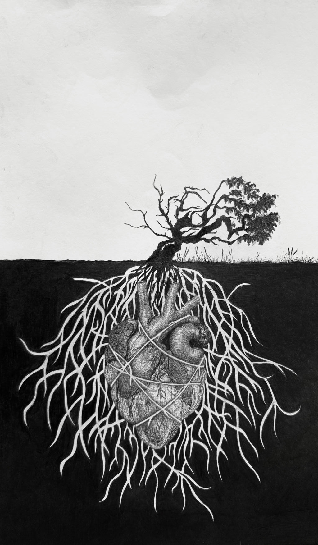 Black and white art print featuring a detailed illustration of a human heart wrapped in vines and roots, with a bare tree growing from the top, set against a dark ground and light sky.