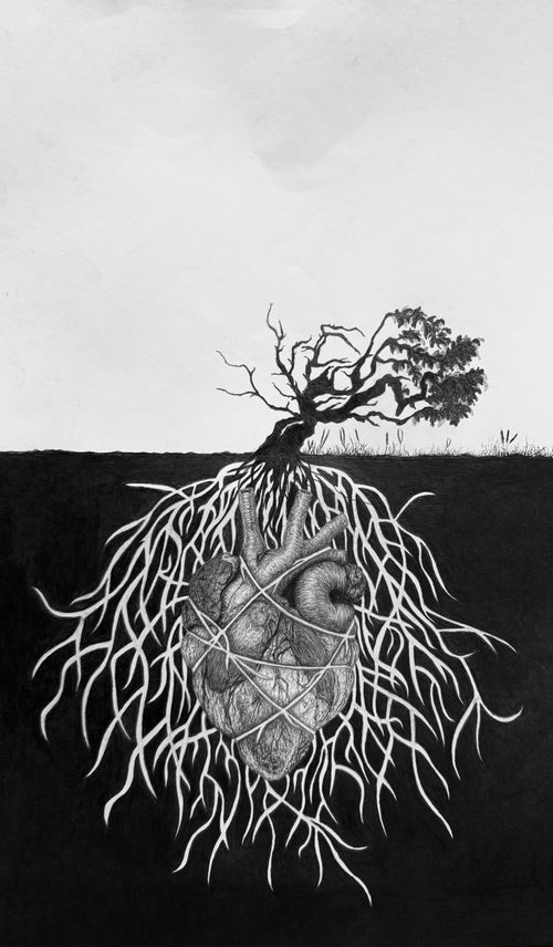 Black and white art print featuring a detailed illustration of a human heart wrapped in vines and roots, with a bare tree growing from the top, set against a dark ground and light sky.